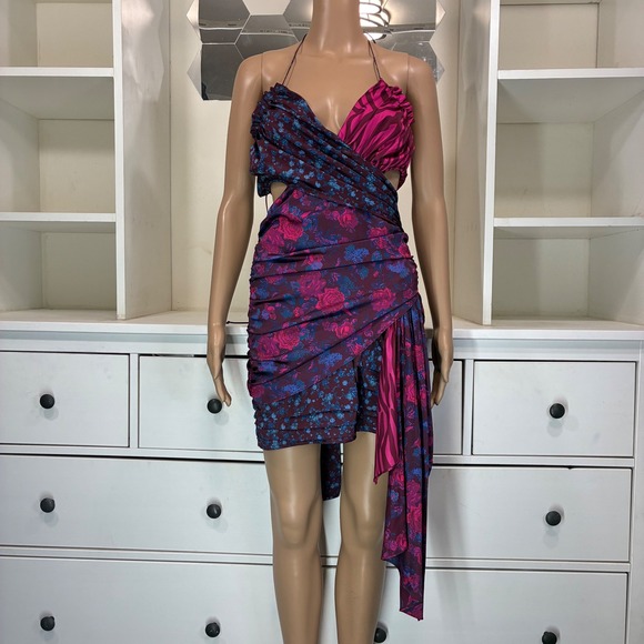 For Love & Lemons Floral Zebra Print Halter Ruched Cutout Dress Size M - Picture 3 of 8